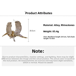 Detailed specs of rhinestone swallow necklace showing 85.4g weight and 39.5cm width