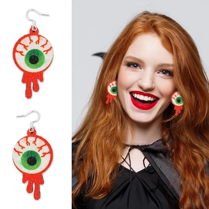 Spooky Halloween eyeball drop earrings with green iris and red glitter blood drip details
