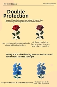 Detail of floral PET stickers showing high-definition 300dpi print and sunproof coating