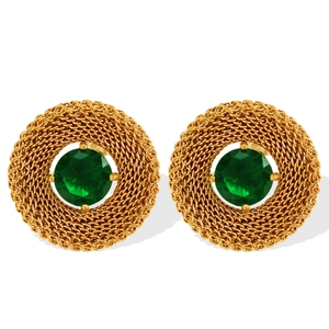 Vintage oval gold mesh earrings with emerald green gemstones in a palace style design