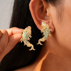 Koi Fish Stud Earrings With Silver Earring Post Alloy Rhinestone Luxury Chinese Style Palace Vintage For Women