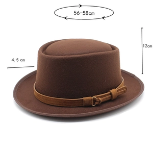 Detail view of brown wool boater hat with leather strap, 56-58cm head circumference