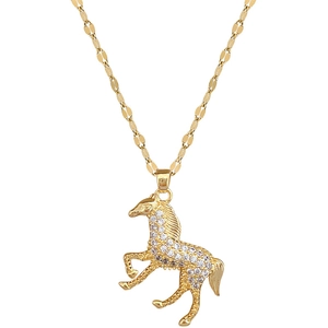 Elegant gold titanium necklace featuring a horse pendant encrusted with sparkling crystals