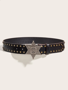 Detail of black leather punk belt with gold rivets and silver Sheriff star buckle
