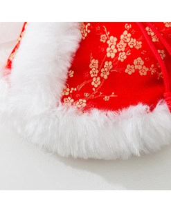 Close-up of red Chinese pet vest with gold plum blossom embroidery and white faux fur trim