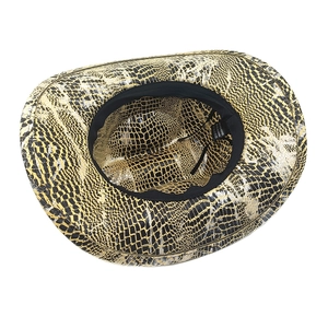 Detail of yellow and black snakeskin western hat with internal sweatband and logo label