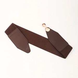Macro detail of brown elastic waist belt with faux leather ends and gold metal button