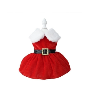 Classic red velvet Christmas pet dress with white faux fur collar and golden buckle belt