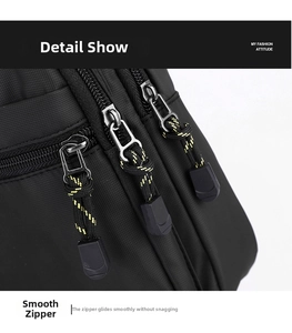 Close-up of durable metal zippers with woven pull cords on a waterproof oxford chest bag