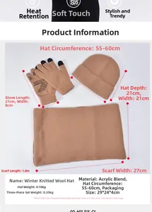 Flat lay of camel winter knit set showing texture of hat, scarf, and striped gloves