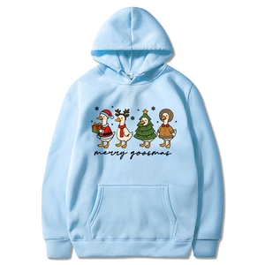 Light blue Christmas hoodie with cute cartoon ducks and Merry Goosmas festive print