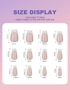 Size chart showing 12 standard dimensions for French press-on nails with length and width details