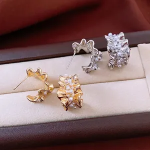 14k gold plated C-shaped pleated earrings with pearls and crystals in a luxury jewelry box