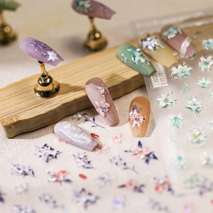 3D Relief Nail Art Stickers Self Adhesive PET Holographic Aurora Floral Bow Designs With Faux Artificial Pearl Embellishments Elegant