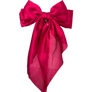 Elegant red oversized silk satin bow hair clip with long ribbons for back of head styling