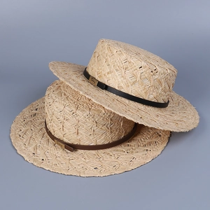Raffia Straw Boater Hat Women Wide Flat Brim Summer Beach Sunshade Breathable Japanese Style Elegant Faux Leather Band