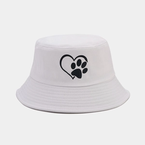 White bucket hat with black heart and paw print, casual sun protection for men and women