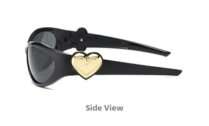Side view of black rectangle sunglasses featuring a 3D gold heart detail on the temple