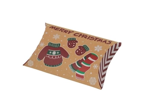 Macro shot of kraft paper Christmas pillow box with festive sweater and snowflake patterns
