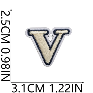 Detailed view of beige and blue letter V embroidered patch with size dimensions