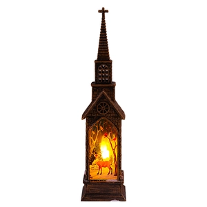 Vintage church-shaped Christmas lantern with reindeer forest scene and warm LED light