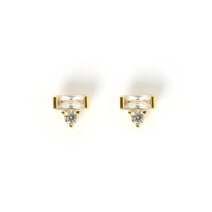 Detail of gold S925 sterling silver earrings with rectangular and round zirconia stones