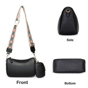 Three-view detail of black saddle bag with woven strap showing front, side and bottom