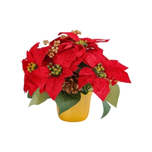 Red artificial poinsettia plant in golden pot with pine cones for Christmas decor