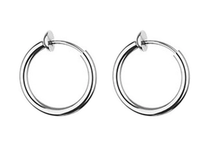 Detail view of silver spring clip-on earrings in polished stainless steel for non-pierced ears