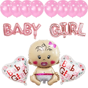 Pink BABY GIRL balloon set with polka dots and baby-shaped foil balloon for baby shower