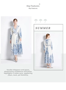 Detail of V-neck long-sleeve maxi dress featuring vintage blue and white floral prints