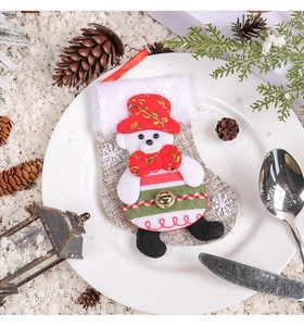 Detailed view of Christmas stocking with snowman figure on snowy festive background