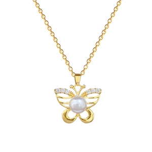 Elegant gold butterfly pendant necklace with white pearl and sparkling crystals for women