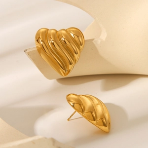 18k gold plated stainless steel heart stud earrings with a textured wavy surface finish