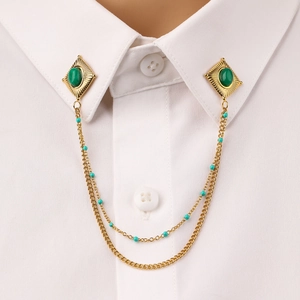 Gold collar chain with green natural stones and layered chains for dress shirts