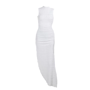 Elegant white sleeveless open back textured maxi dress with side slit for women