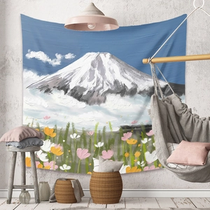 Detail of oil painting style tapestry featuring snow mountain and floral landscape scenery