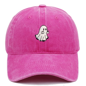 Detail of pink vintage washed cotton baseball cap with white ghost embroidery motif