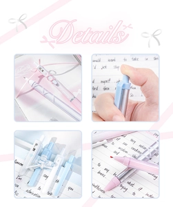 Detail view of pastel retractable gel pens in pink and blue with elegant ribbon motifs