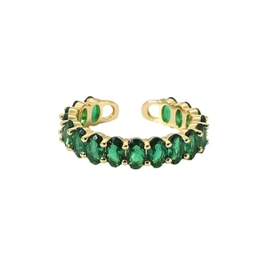 Gold adjustable ring with green oval zircons in a minimalist vertical cluster design