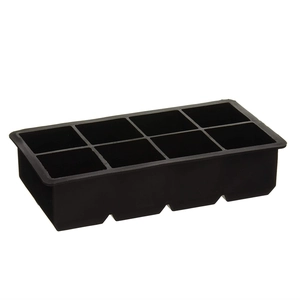 Detail view of 8-grid black food-grade silicone tray for making large square ice cubes