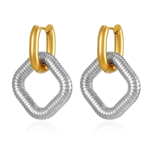 Fashionable 18K gold plated stainless steel hoop earrings with square drop pendants