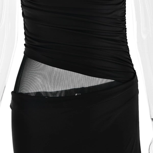 Detail view of the gathered mesh waist design on a black sleeveless summer maxi dress
