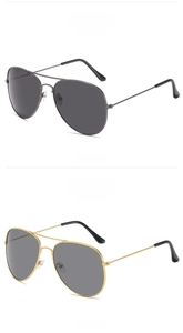 Classic aviator sunglasses in gunmetal and gold frames with dark grey lenses shown in detail