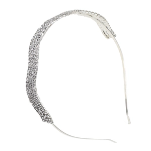 Elegant silver metal headband with multi-row wavy rhinestone setting on white background