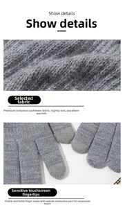 Detailed view of grey thermal knit gloves featuring conductive yarn for touchscreen use