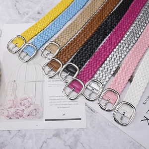 Women's woven candy-colored PU leather belts set with stylish silver metal buckles