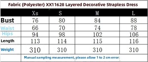Size chart for tiered strap dress showing XS-L measurements in centimeters and polyester fabric