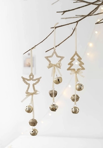 Golden Christmas bells set with angel and star shapes hanging on a branch with warm lights