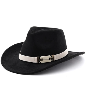 Black suede fedora hat with a white woven band and silver UUIU buckle detail